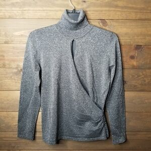 Grace Element Gray Metallic Silk Blend Cross Over Turtleneck Form Fitting M